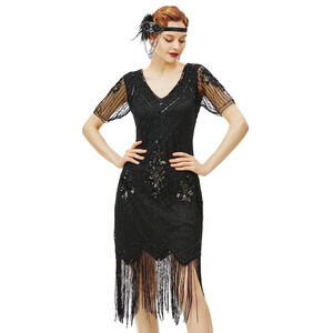 Black Flapper Dress Great Gatsby 1920s Sequin Sheer Beaded Whimsigoth Medium NWT
